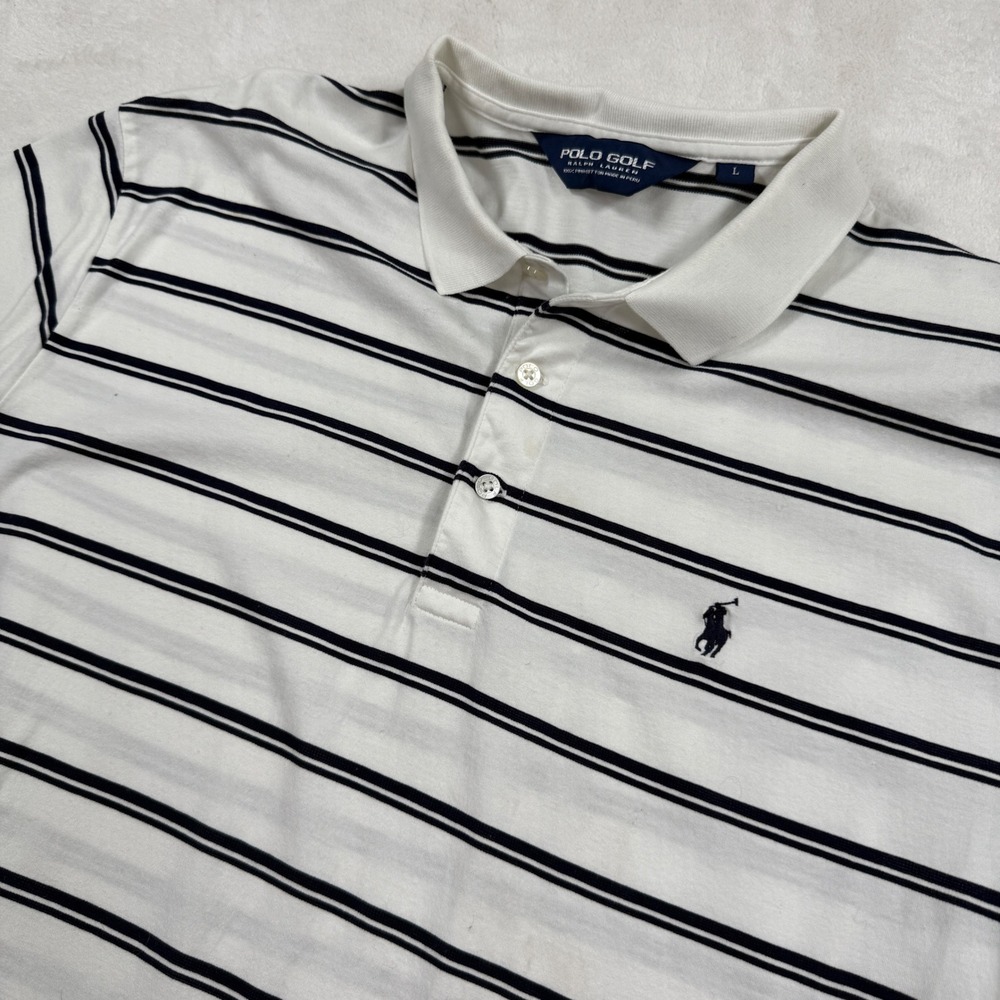 Polo Golf Ralph Lauren Mens Large White Navy Striped Pima Cotton Polo Shirt